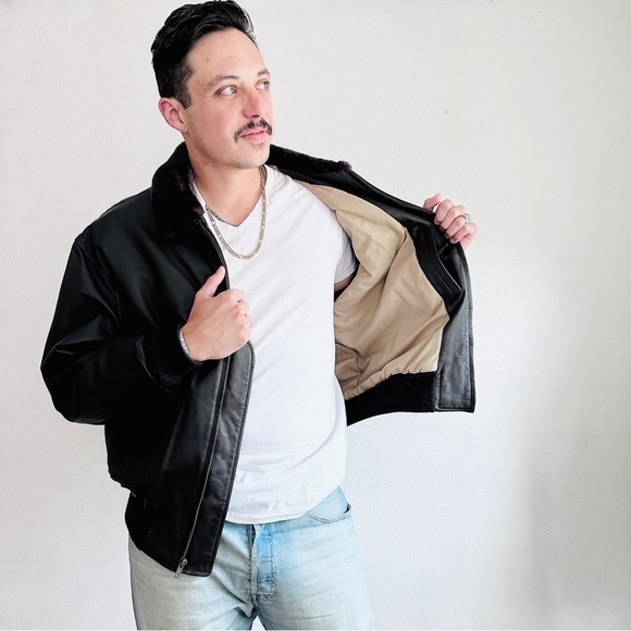 Vintage Leather Flight Jacket Brown Faux Fur Military Air Force Navy Army Bomber - Picture 6 of 15